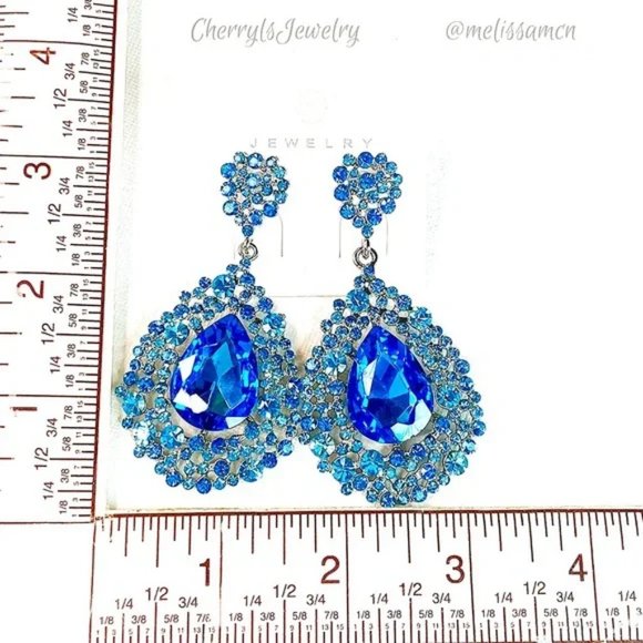 Turquoise Aqua Blue AB Crystal Pageant Bridal Formal Earrings - Picture 5 of 5